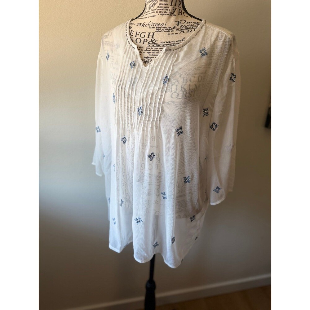 JW Style Embroidered Pintuck Tunic Blouse White Blue XL